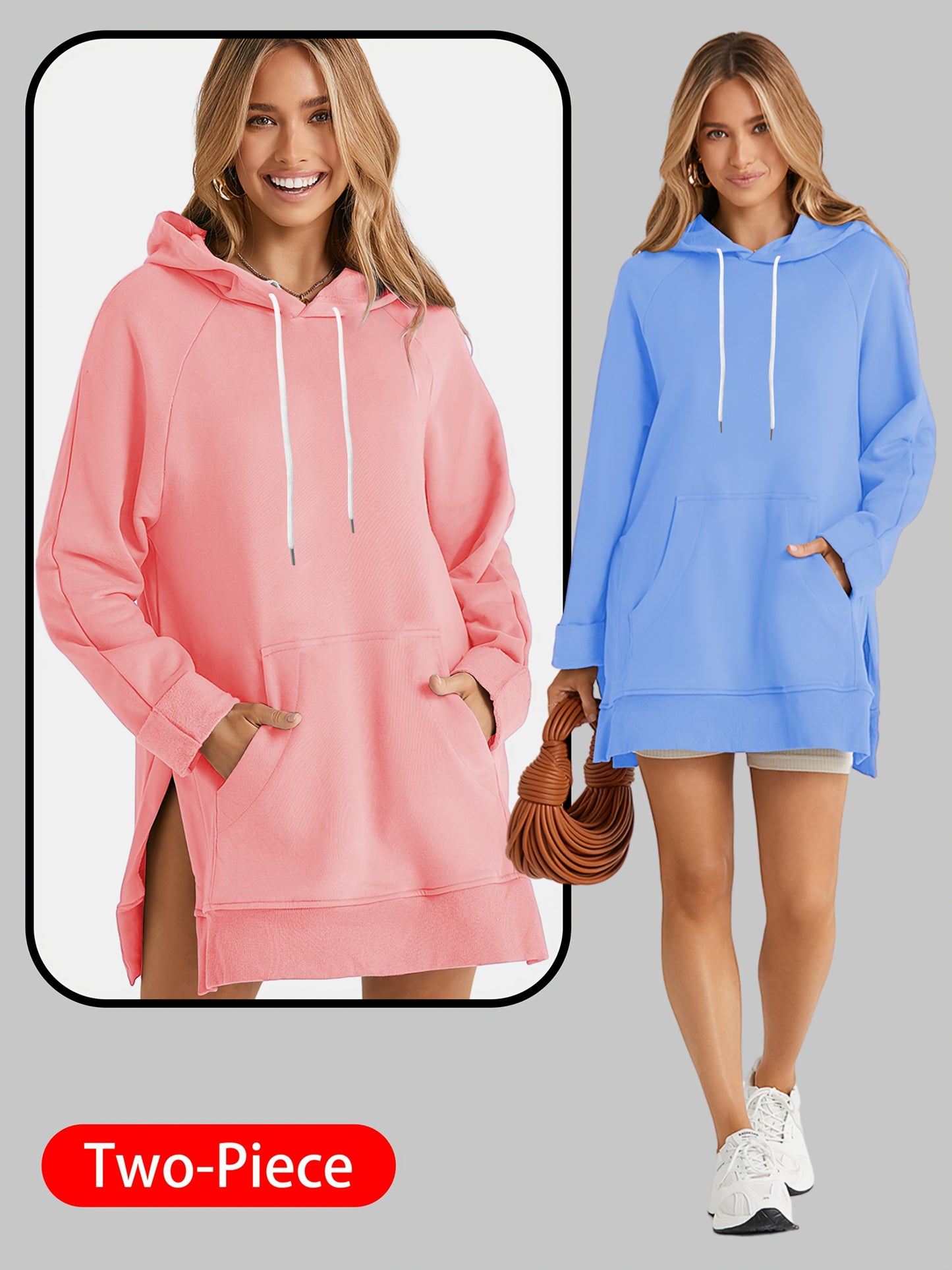 2pcs Large Size Women's Sports Sweatshirt, Hoodie, Drawstring, Wombat Pocket, Split Hem, Pure Material, Suitable for Daily Wear, Shopping And Leisure