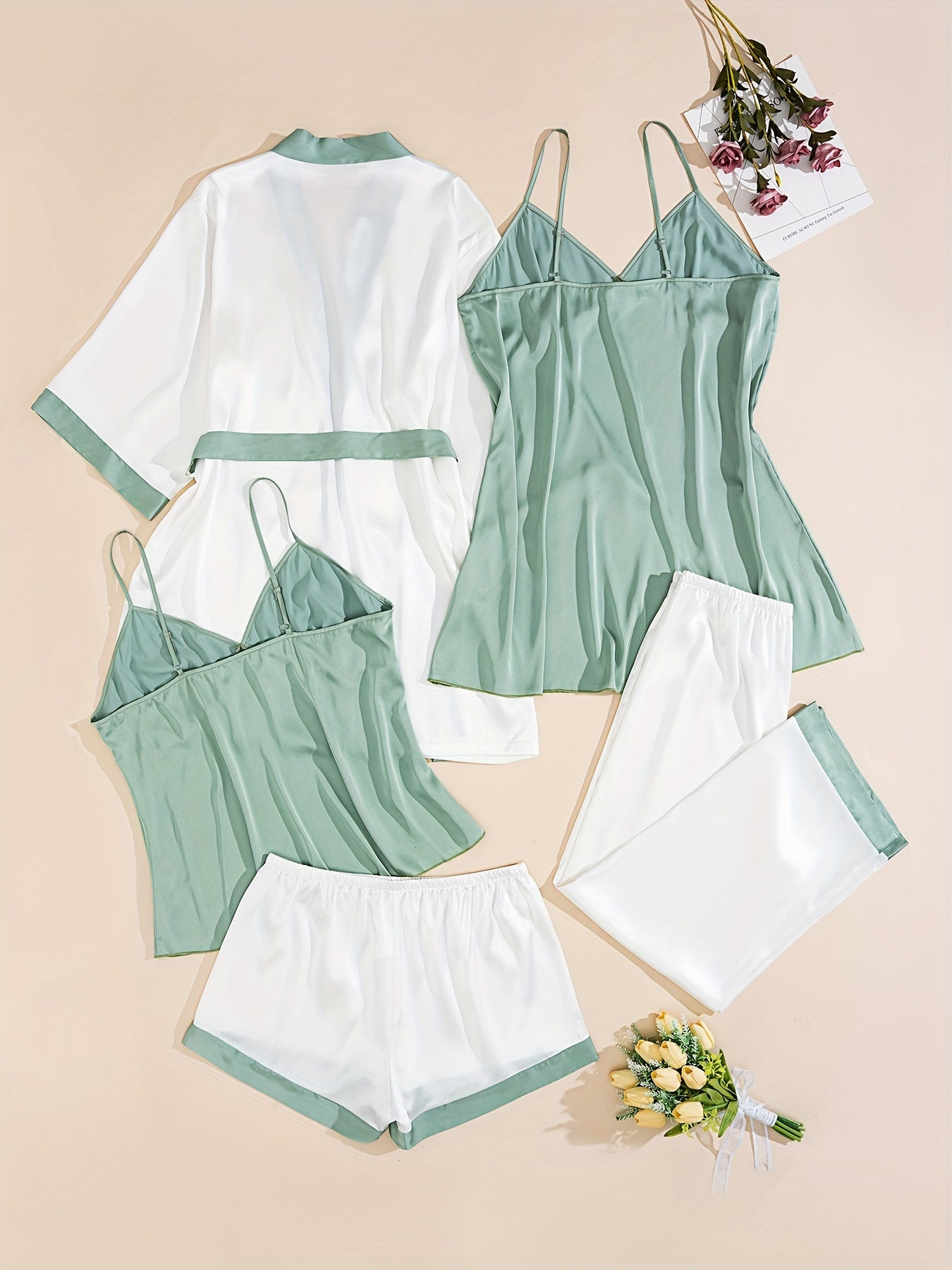 [Soft Polyester Loungewear Set] Soft Polyester Women's Loungewear Set - Solid Color with Belt Detail, Includes Robe & Cami Top - Perfect for All Seasons