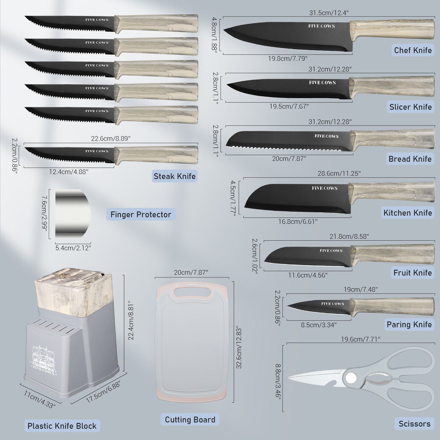 FIVE COWS 16pcs Kitchen knife set for chefs, kitchen knife, bone knife, fruit knife, multi-purpose scissors and fruit knife, with chopping board, anti-cutting device, healthy cooking kitchen knife set, Mom gift first choice