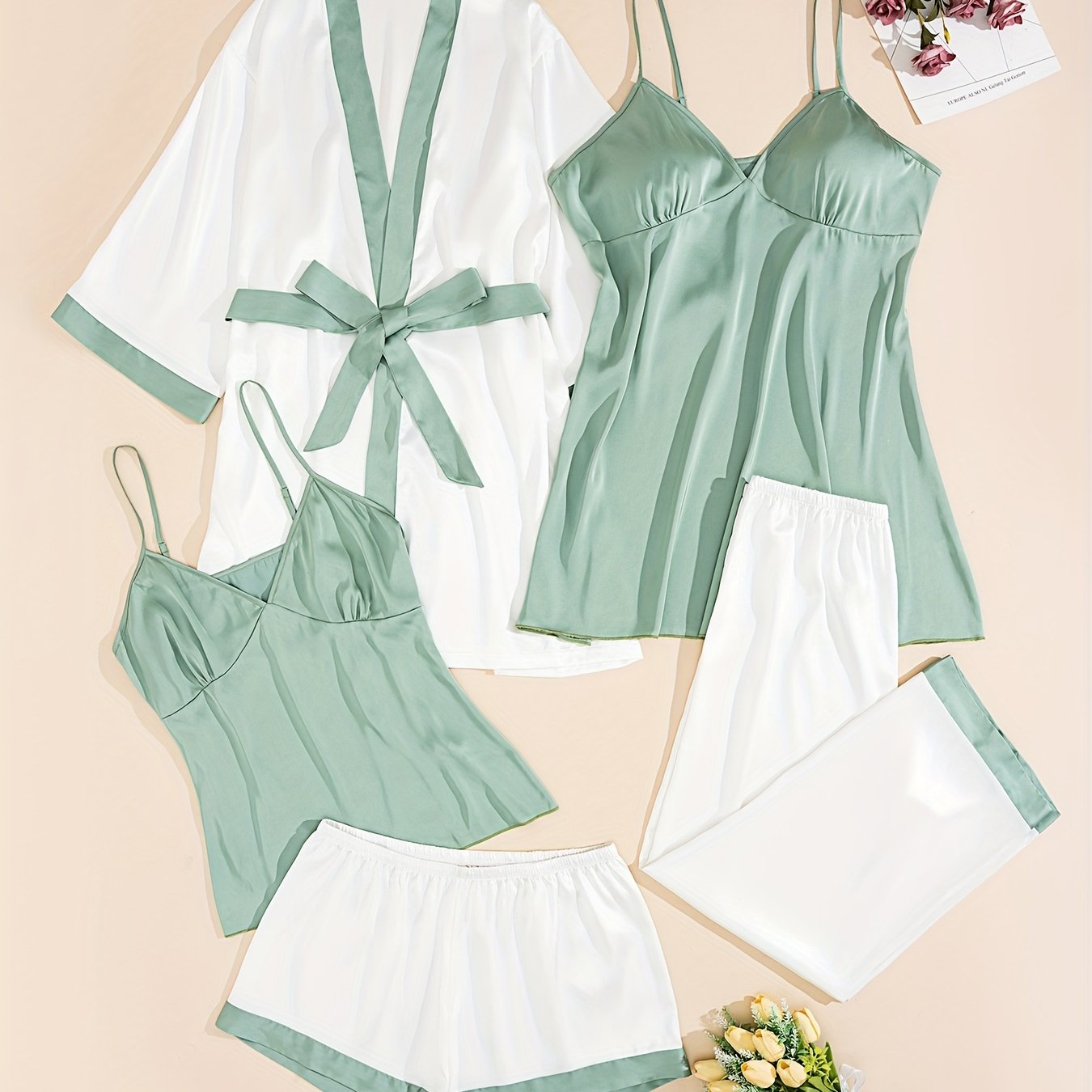 [Soft Polyester Loungewear Set] Soft Polyester Women's Loungewear Set - Solid Color with Belt Detail, Includes Robe & Cami Top - Perfect for All Seasons