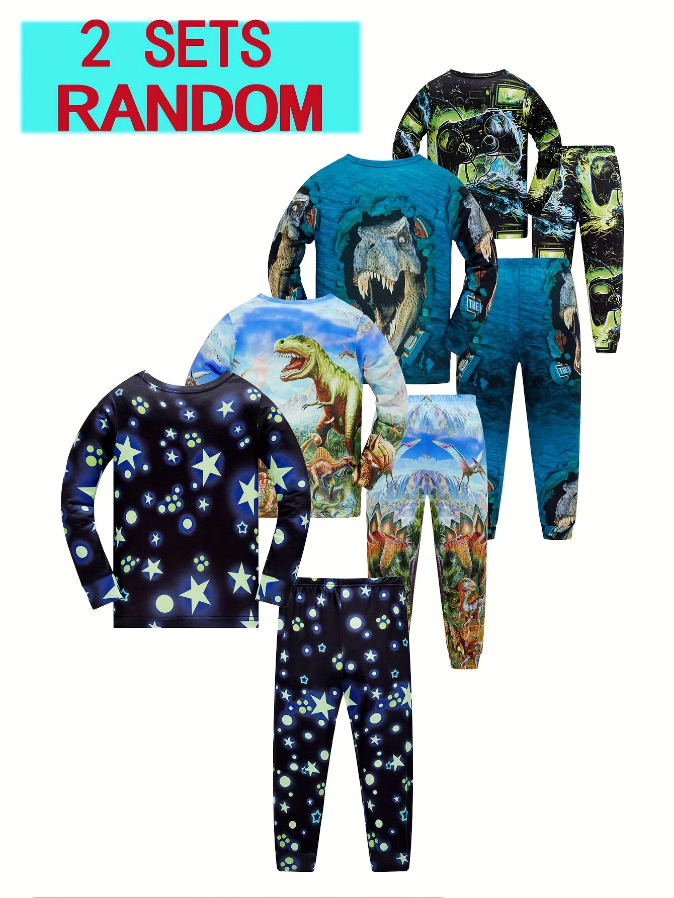 Random Hair 2 Sets Boys Dinosaur Pajama Set Digital Print 3D Gamepad Handle Set Pajamas 2pcs Set