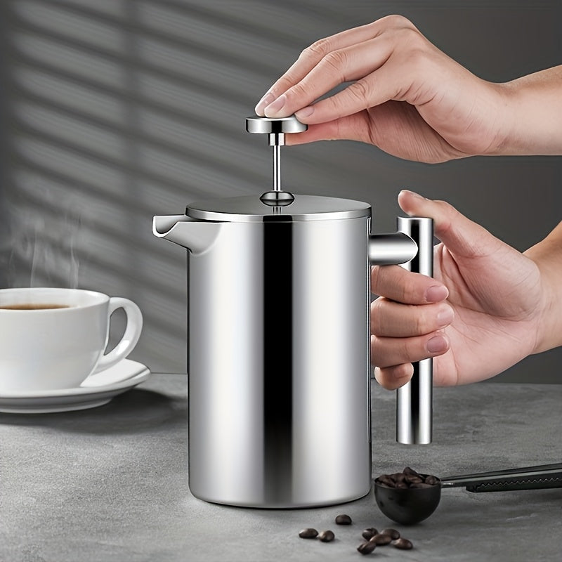 2pcs, French Press Coffee Maker, Stainless Steel French Press Coffee Maker, 4 Filter Heat Resistant, Double Wall Insulated French Press Stainless Steel & Tea Brewer Easy Clean & Easy Press, Tea Maker For Kitchen & Camping, Co