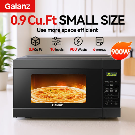 Galanz Small Microwave Oven with 6 Automatic Menus, Child Lock, LED Light, Suitable for Apartments, 0.9 Cu Ft, 10.6-Inch Removable Turntable, 900 Watts, Black