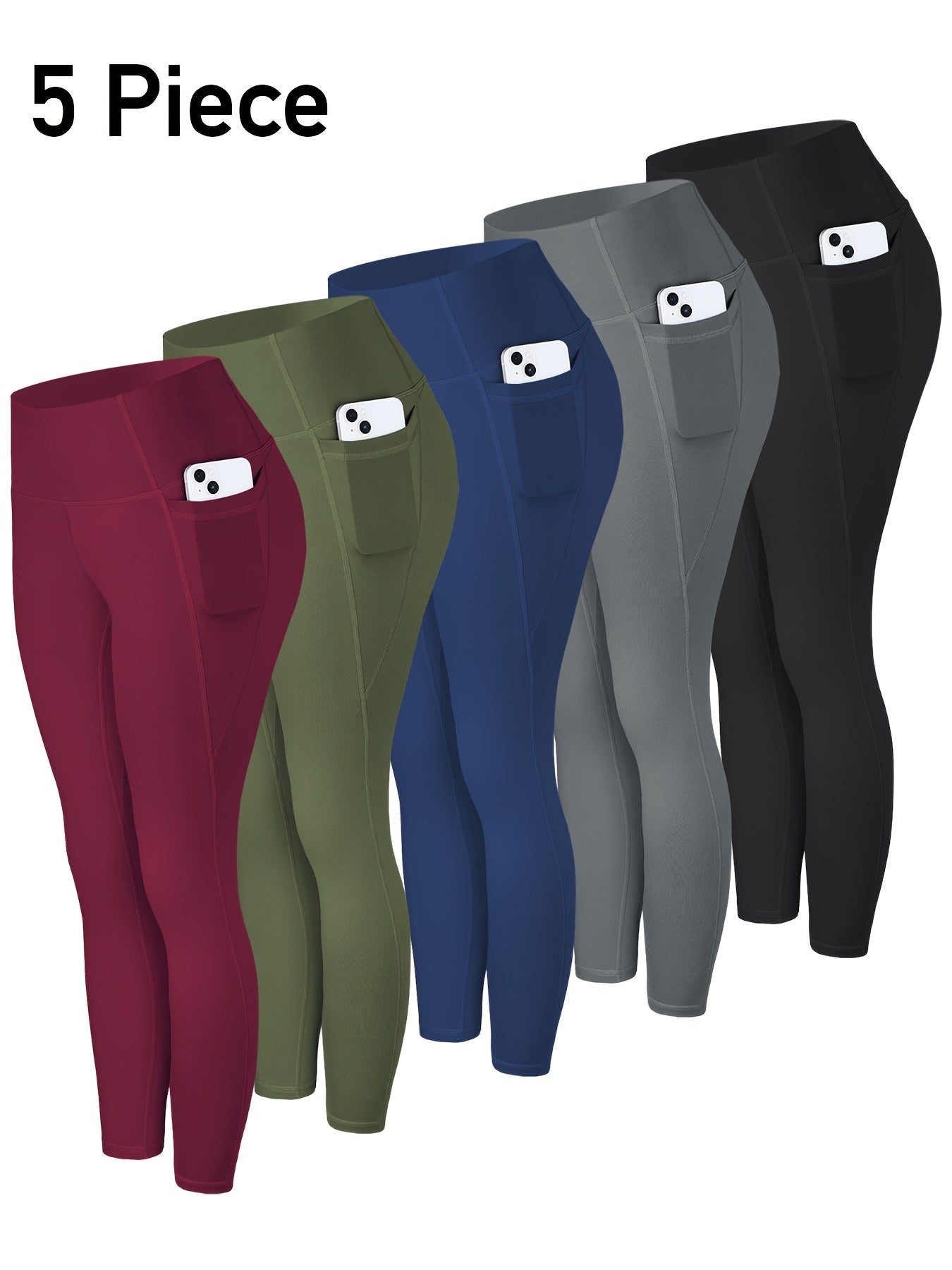 5pcs Multi-Color Pack (Maroon/Blue/Black/Olive) Women's High-Waisted Leggings with Side Pockets - Non-See-Through & Casual Pants, Stretchy Cropped Bottoms (Nine-Tenths Length), All-Season, Casual Attire, Leggings, Solid Color