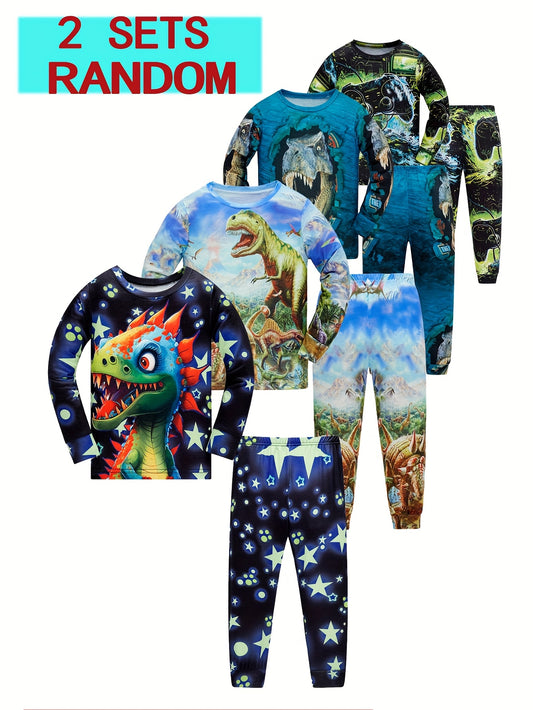 Random Hair 2 Sets Boys Dinosaur Pajama Set Digital Print 3D Gamepad Handle Set Pajamas 2pcs Set