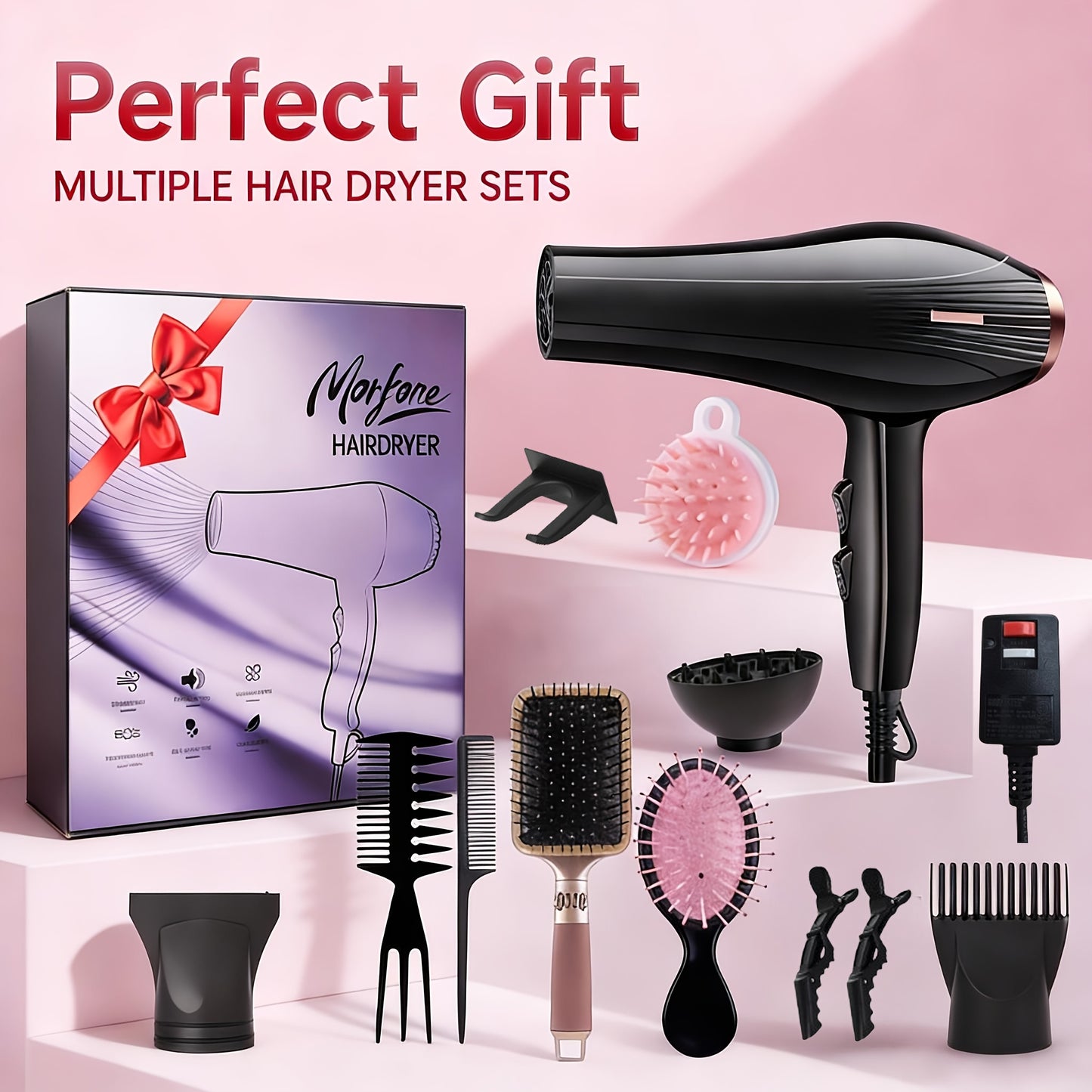 Morfone Hair Dryer Set, 12pcs Black And Golden Hair Care Tools, Multi-Speed Adjustable Blow Drying Hair Styling And Curling Comb, for Home Salon Dorm Room, Ideal Halloween Gifts