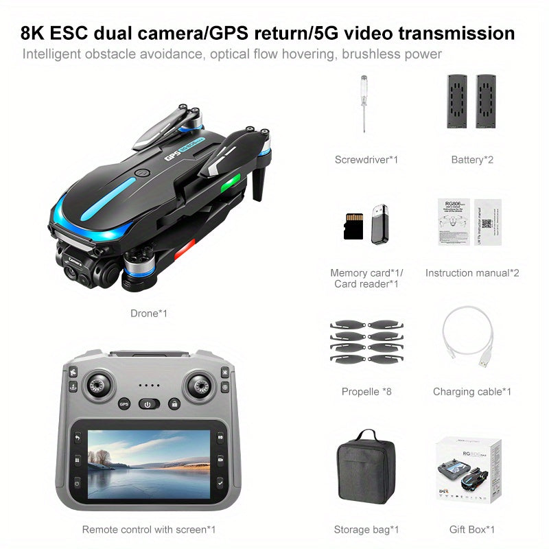 New Foldable Drone With GPS, 8K HD Camera, 5.6-inch Large Screen Remote Controller, 5G Wi-Fi FPV Transmission, Professional Aerial Quadcopter Drone With 3 Batteries, GPS Return To Home, Brushless Motors, Optical Flow Position