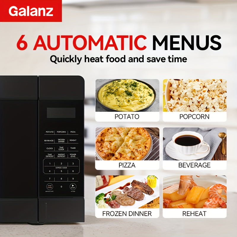 Galanz Sleek Compact Microwave | Black Stainless Steel Finish, 0.9 Cu Ft Small Footprint, 6 Auto Preset Menus & 30s Instant Cook, LED Touch Screen & Efficient Defrost, Stylish Addition to Tiny Kitchens with Big Performance