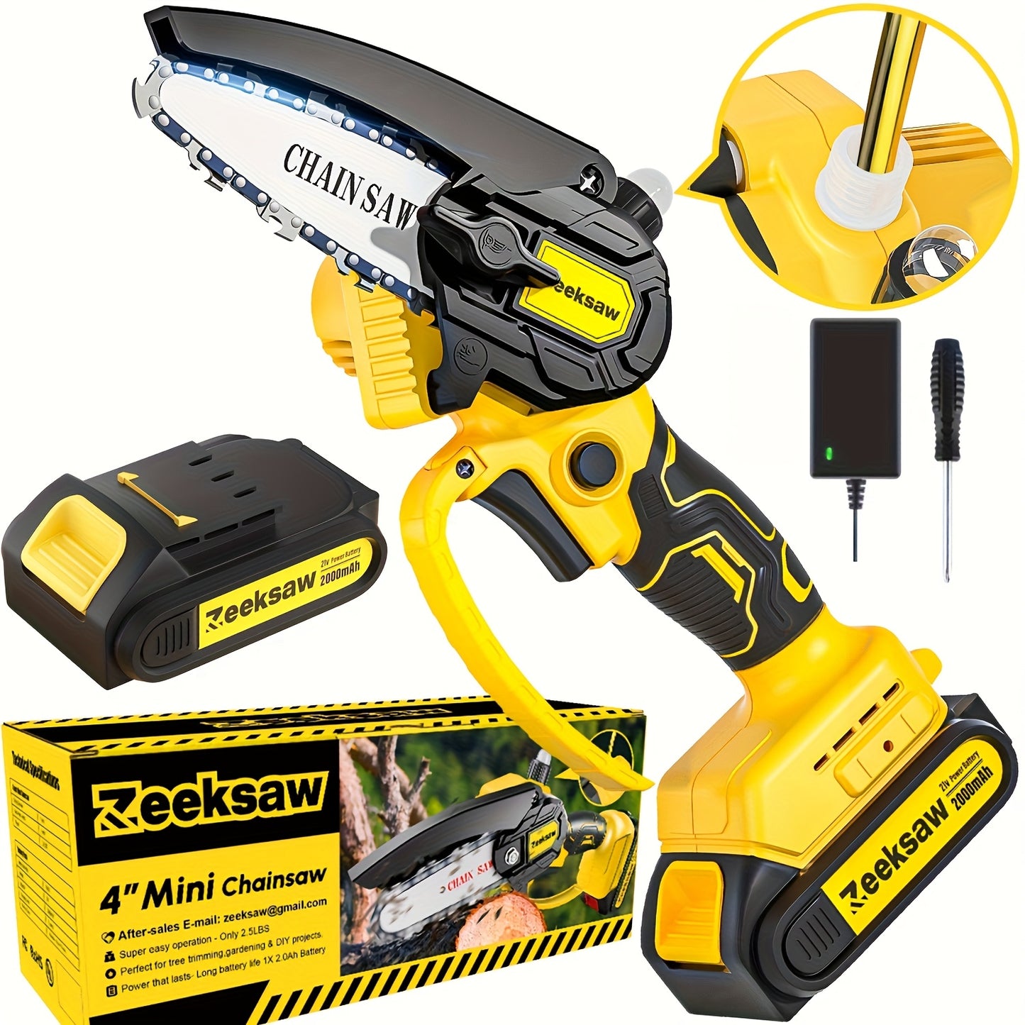 Mini Chainsaw Cordless, 8 Inch Handheld Electric Chain Saw with 2pcs 2.0Ah Battery And Charger, 26ft/S Speed - Automatic Chain Tensioning & Auto Oiler for Tree Branches, Courtyard, Household, And Garden, ZEEKSAW