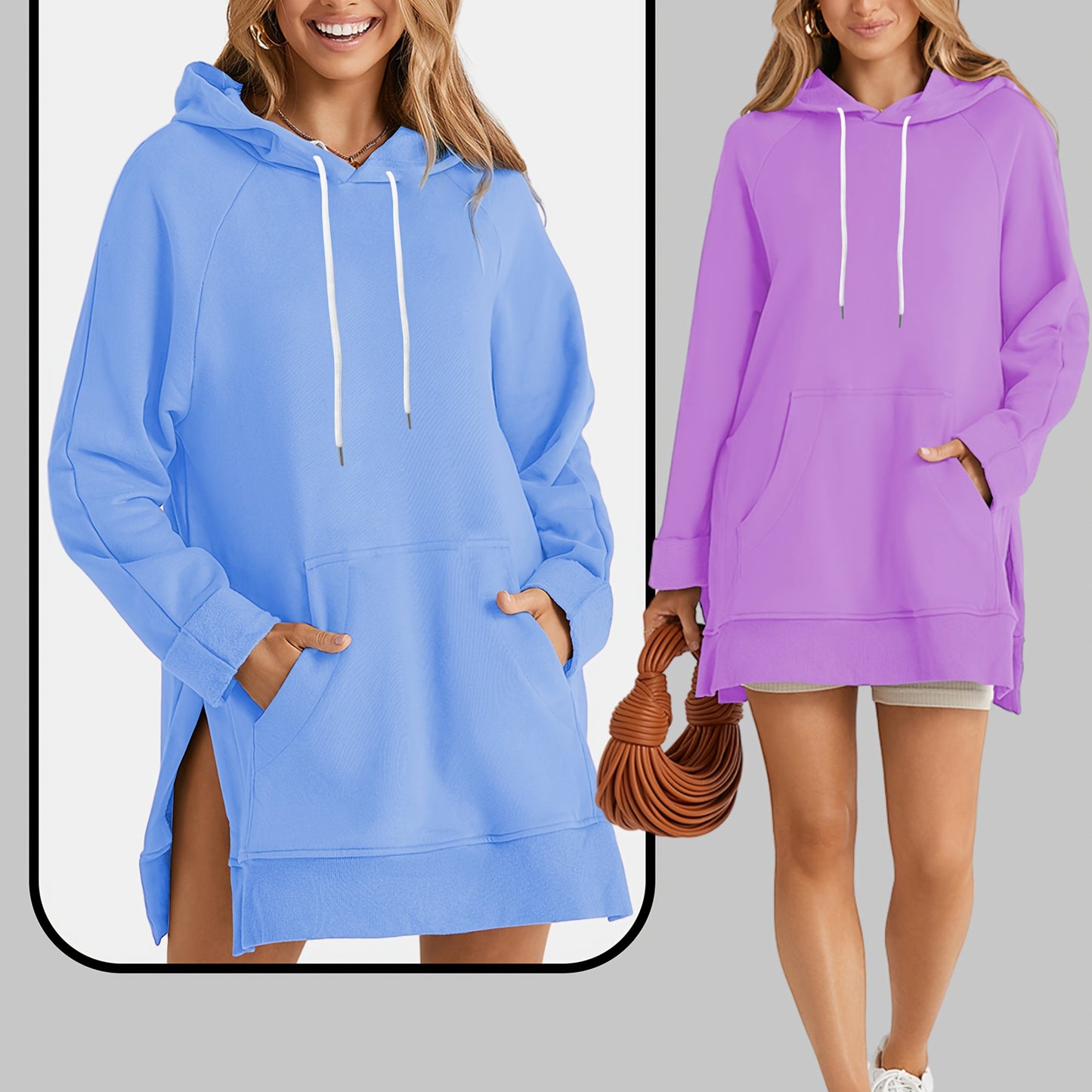 2pcs Large Size Women's Sports Sweatshirt, Hoodie, Drawstring, Wombat Pocket, Split Hem, Pure Material, Suitable for Daily Wear, Shopping And Leisure