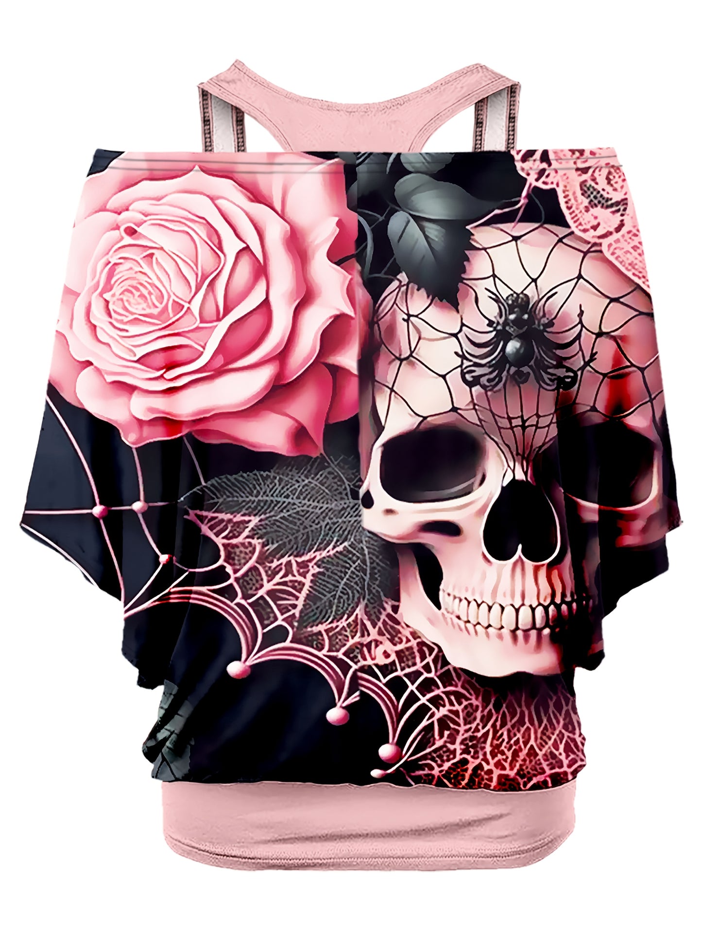 Plus Size - Women'S Gothic Skull & Rose Print T-Shirt - Off-Shoulder, Loose Fit, Short Sleeve, Dark Pink With Black Spider Web & Lace Detailing, Casual Summer Top, Relaxed Fit Tee | Unique Print Top | Digital Print Fabric