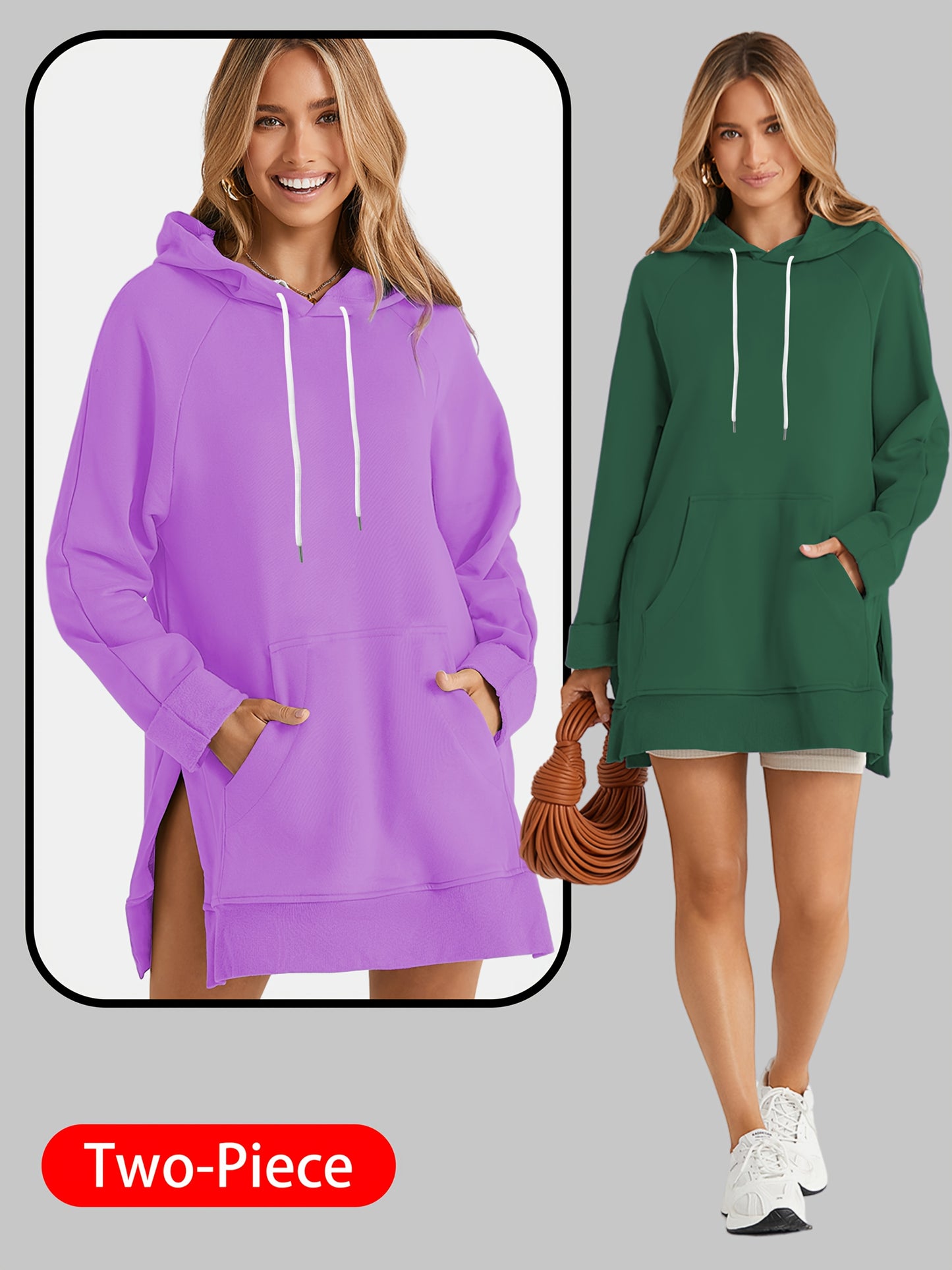 2pcs Large Size Women's Sports Sweatshirt, Hoodie, Drawstring, Wombat Pocket, Split Hem, Pure Material, Suitable for Daily Wear, Shopping And Leisure