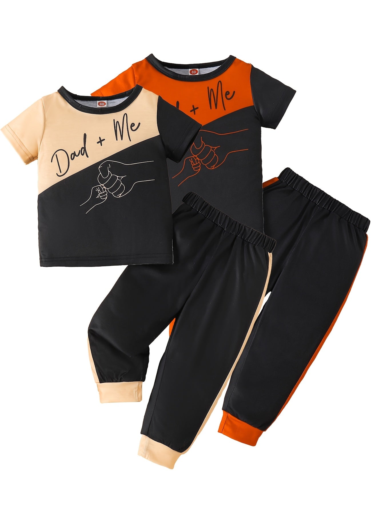 [Playful Kids Clothing] 2-Pack Boys' Cartoon Print Newborn Baby Sets - Playful Kids Clothing | "Dad + Me" & "I Love You" Hand-Drawn Graphics, Black & Orange Contrast, Short Sleeve T-Shirt & Pants, Machine Washable Spring Summ